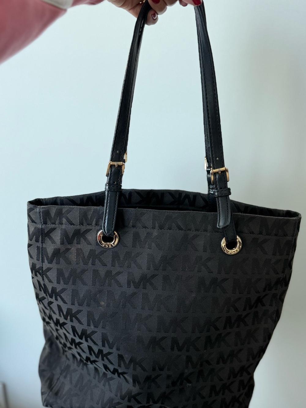 Michael Kors Black MK Monogram Shoulder Tote with Gold Hardware